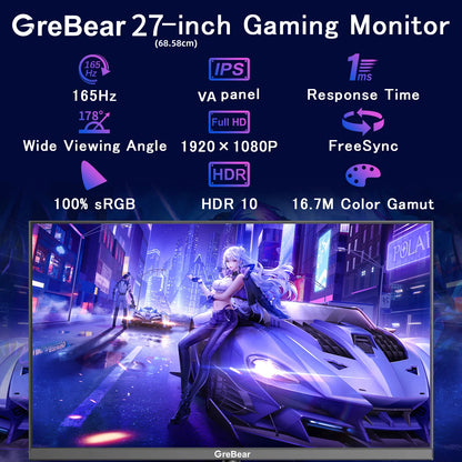 Grebear Gaming Monitor 27 Inch 165Hz 1ms PC Gaming Computer Monitor -FHD 1080P/AMD FreeSync/1 X HDTV 2.0/1 X Display Port 1.4/Bl